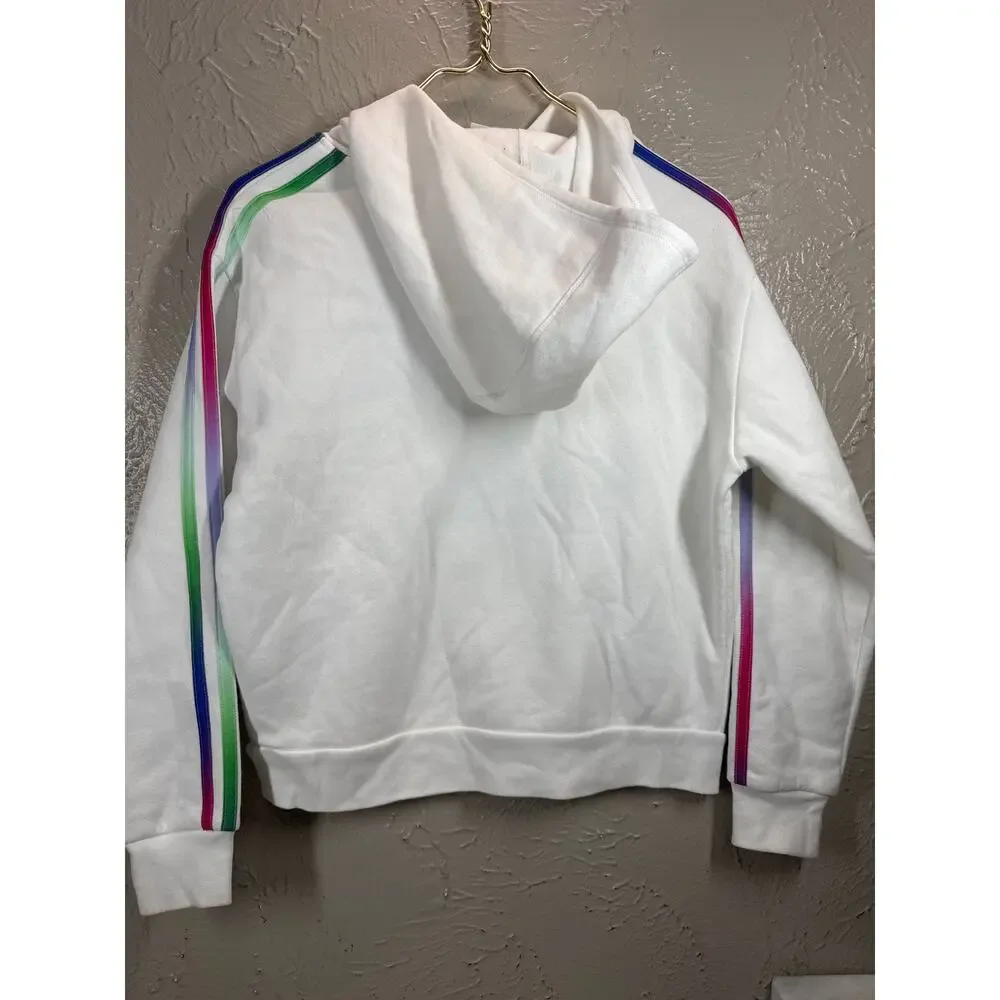 adidas Youth Hoodie White Pullover Rainbow Logo Stripe‎ Sweatshirt Size Large